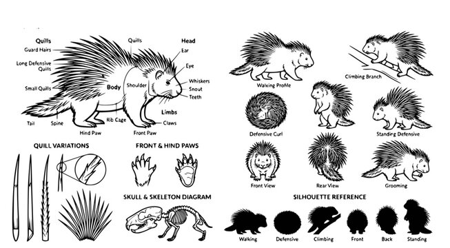 Comprehensive porcupine anatomy diagram and behavior reference sheet with ink illustrations of movement and skeletal structure for biology education or nature illustration and research projects