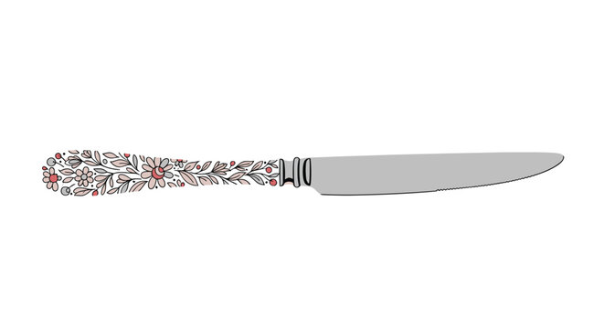 Elegant dinner knife with a beautiful hand drawn floral and leaf pattern on the handle isolated on white.