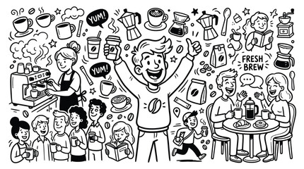 Fototapeta premium Happy people drinking coffee in a cafe surrounded by cute hand drawn doodle coffee elements
