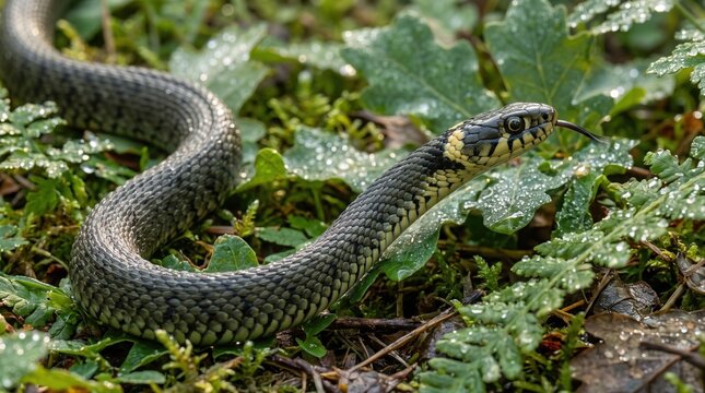 Grass snake moving through wet green foliage with tongue extended, reptile wildlife closeup, natural camouflage, forest habitat, fascinating biodiversity, outdoor macro scene.