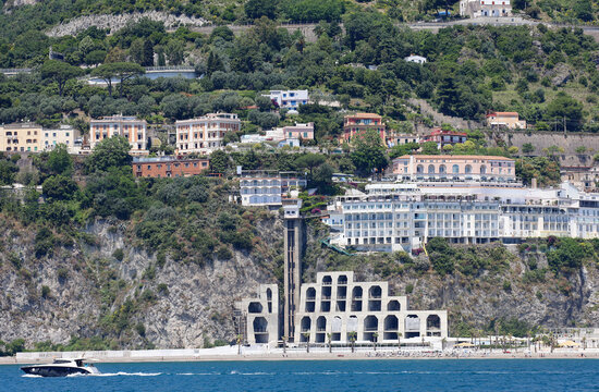Modern Coastal Resort and Beach Club Architecture on Rocky Amalfi Cliffside, Italy.