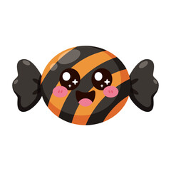 Fototapeta premium Cute Halloween Striped Wrapped Candy Cartoon Icon with Smiling Face
