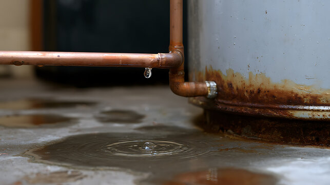 Close up view of a water leak from a copper pipe, with a drop about to fall into a puddle on a concrete floor next to a rusty water heater
