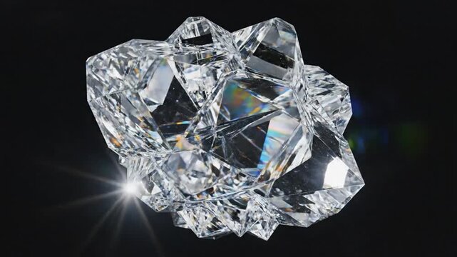 Cluster of large faceted clear crystals with internal light refractions and rainbow colors on a black background