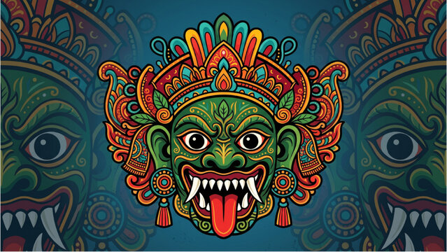 Sri Lankan Gara Yaka Mask Vector Illustration, Traditional Tribal Cultural Symbol in Modern Flat Design Style