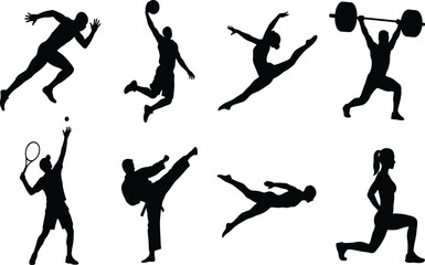 Athletes and sports people silhouette icons set featuring running basketball gymnastics weightlifting tennis and martial arts © MdSohel