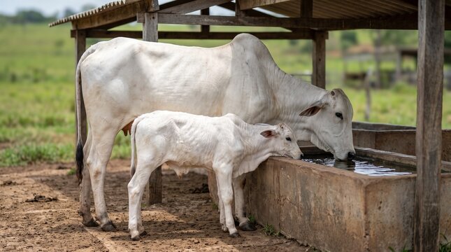Nelore cow and calf drinking water in a rustic wooden feeder at a Brazilian ranch, authentic livestock scene in a sunny rural environment.