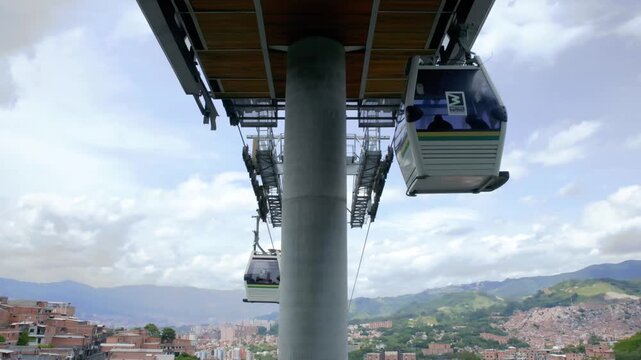 Medell&iacute;n, Antioquia, Colombia &ndash; June 30, 2026 &ndash; Metrocable cable cars crossing hillside neighborhoods as part of the city's urban public transportation network, recorded at 60fps in 4K