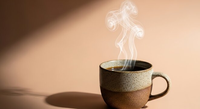 Steaming mug of coffee on a warm-toned background with soft shadows hot drink cup of coffee break wake up beverage con