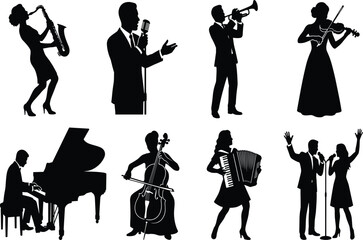 Jazz band musicians and elegant singers silhouette icons set performing classic live music concert with instruments © MdSohel