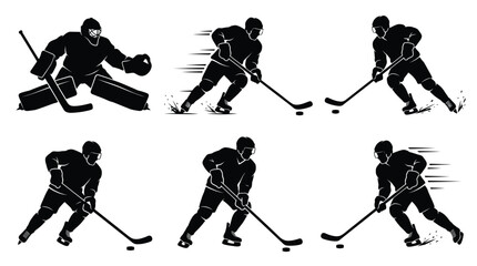 Fototapeta premium Black silhouettes of professional hockey players in various active poses performing during an intense game