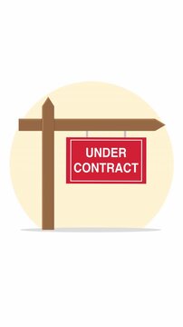 Vertical Under Contract Real Estate Sign Hanging on Wooden Post Flat Illustration