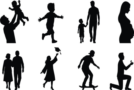 Life stages and family milestones silhouette icons set showing pregnancy childhood graduation marriage and senior aging