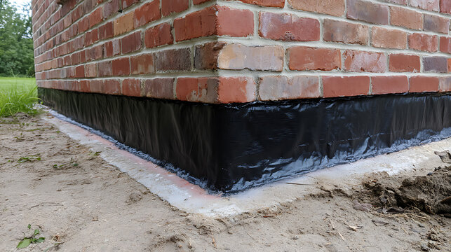 Foundation Wall with Waterproofing Membrane: Close-up of black protective layer on a newly constructed brick building base, ready for backfill