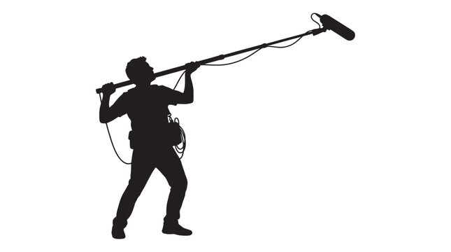 Sound recordist with boom microphone black silhouette