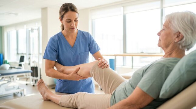 Professional physiotherapist stretching the leg and knee of a senior patient lying on a couch during a rehabilitation session.