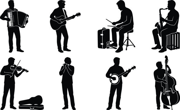 Street musicians and folk band silhouette icons set playing acoustic instruments for live busking performance