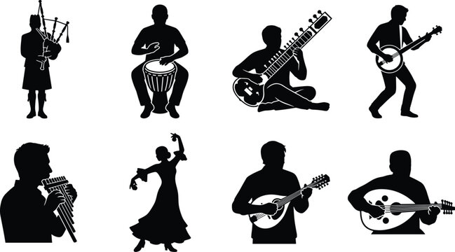 Traditional folk musicians and cultural dancer silhouette icons set playing global ethnic string and percussion instruments