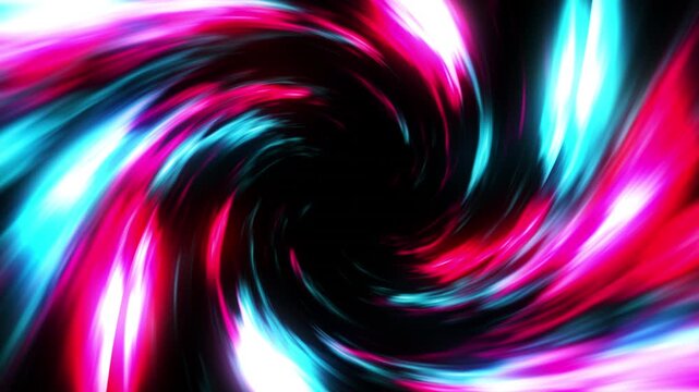High-resolution 4K motion graphic featuring an intense, swirling vortex of vibrant neon pink and cyan light trails on a dark background. 