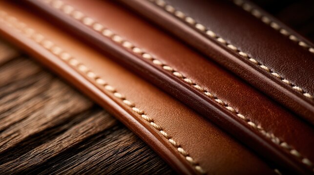 Close-up of leather straps with contrast stitching on wood