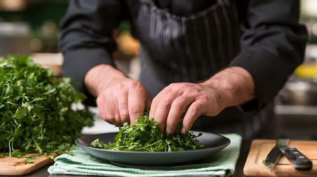 A chef in a clean uniform arranges fresh herbs on a plate amidst the dynamic energy of a busy restaurant setting