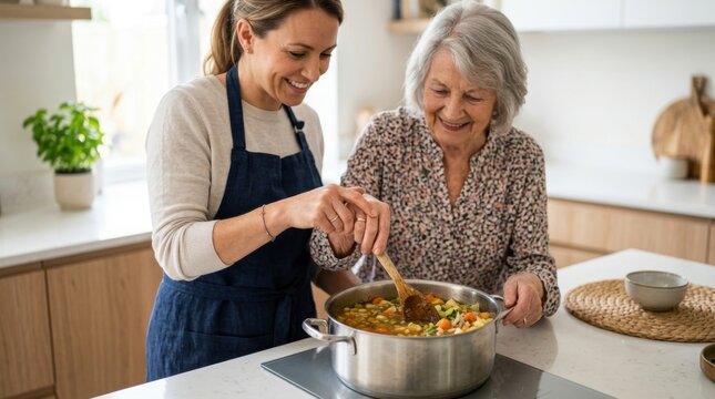 A cheerful caregiver helping a senior person stir a hot vegetable soup in a pot on the stove, ensuring a safe cooking process.