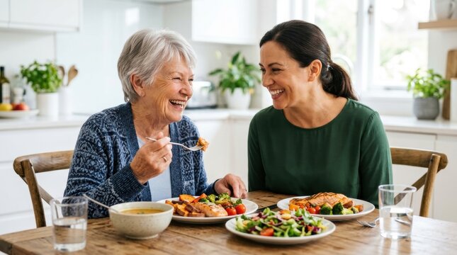 A senior person and a caregiver enjoying a healthy lunch together at a wooden dining table, talking and laughing during the meal.