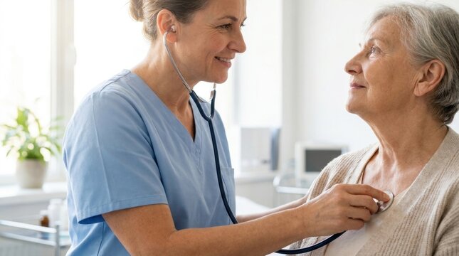 Friendly medical professional using a stethoscope to examine the lungs and heart of a senior patient in a hospital room.