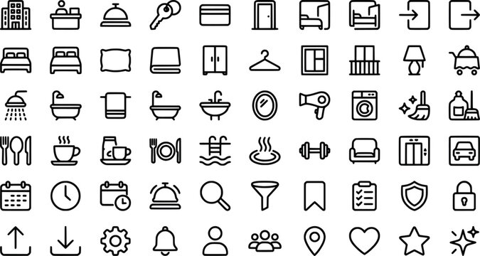 Set of 80 thin line hotel and accommodation icons, vector illustration isolated on white background transparent background