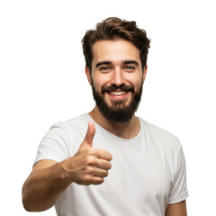 Fototapeta premium Smiling man giving thumbs up gesture isolated on transparent background