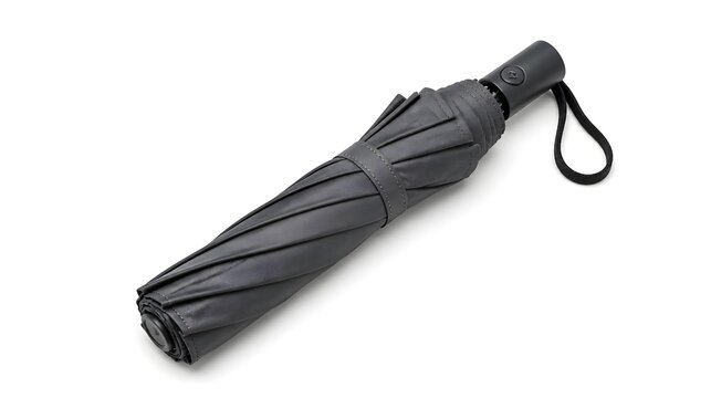 Closed dark gray umbrella with a strap and loop for carrying on a white background
