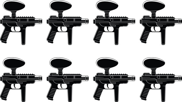 Eight black silhouette icons of paintball guns on a white background