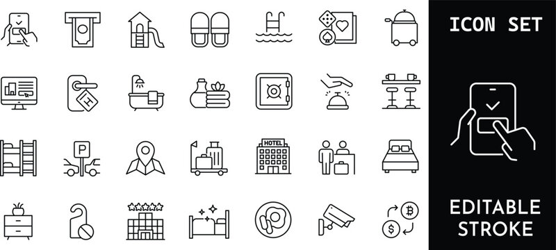 Hotel and hospitality service thin line vector icons.
