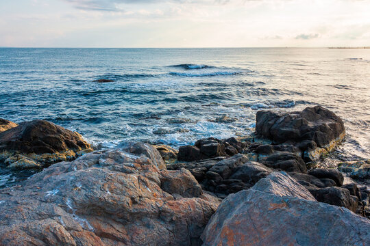 sea coast with stones and rocks. summer vacation background. seascape in the morning light. relaxing at the sea. coast of bulgaria