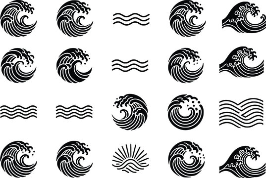 Wave patterns and stylized ocean currents black vector illustrations