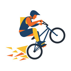 Obraz premium Minimalist silhouette of a bmx cyclist performing a mid-air jump with bold geometric shapes and flat colors isolated on white background Extreme sports concept