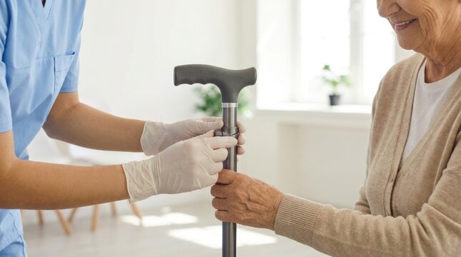Close-up of a healthcare worker adjusting the height of a wooden walking cane for a sitting senior person to ensure proper mobility support.