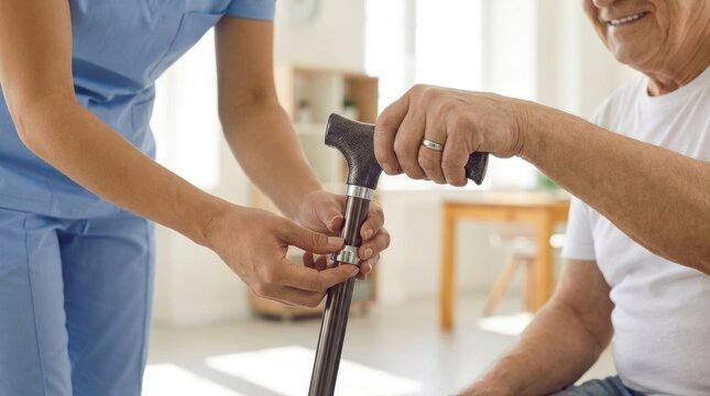 Close-up of a healthcare worker adjusting the height of a wooden walking cane for a sitting senior person to ensure proper mobility support.