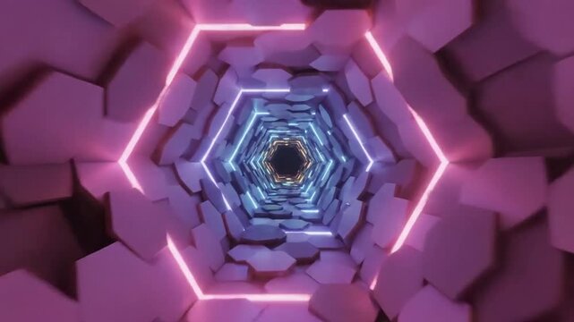 Futuristic hexagonal tunnel with cracked stone walls illuminated by glowing orange and blue neon light creating a sense of depth and movement Keywords: futuristic, hexagonal, tunnel, cracked