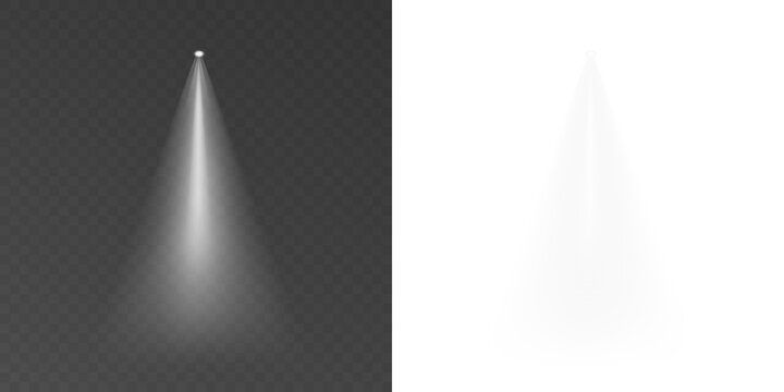 White spotlight beam PNG isolated on transparent background with realistic stage lighting, glowing volumetric rays, soft haze and dramatic illumination effect