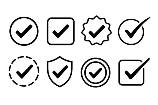 Set of check mark icons in circles, squares, shield and badge