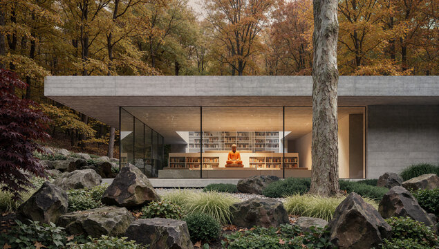 modern concrete pavilion with in forest