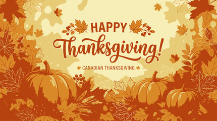 Fototapeta premium Thanksgiving Canadian thanksgiving vector illustration with pumpkins and maple leaves for seasonal holiday cards and autumn sale banners