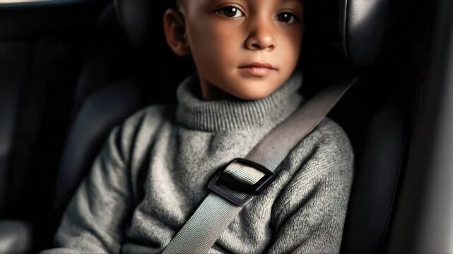 Young boy with short hair wearing a gray turtleneck sweater sits securely in a car seat, buckled with a seatbelt, gazing out the window in a vehicle interior