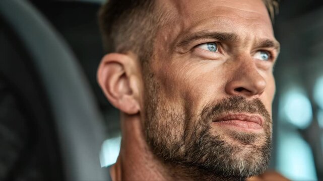 Caucasian male athlete with short hair and beard focuses intensely while preparing for weightlifting in a modern gym setting with exercise equipment visible in the background