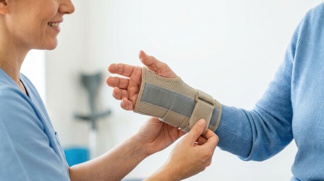 Close-up of a healthcare worker in gloves fastening a medical wrist brace splint on a senior patient to support joint recovery.