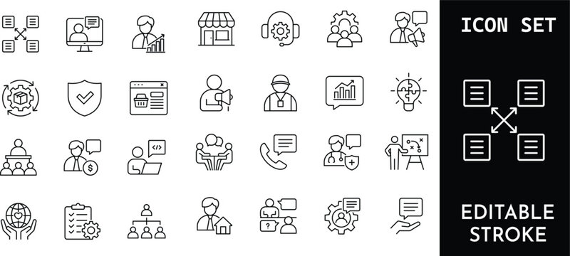 Set of 27 business and teamwork linear icons, editable stroke. communication, manager, customer, support, work, strategy, solution, report, security, data, process.