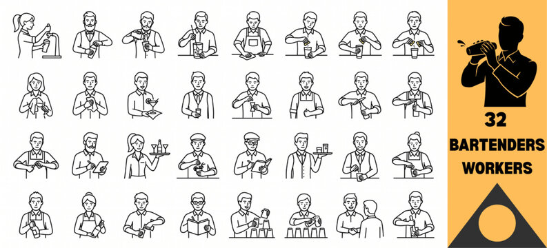 Bartenders Vector Line Art Icons Set | Bar Service Mixology Staff Outline Collection