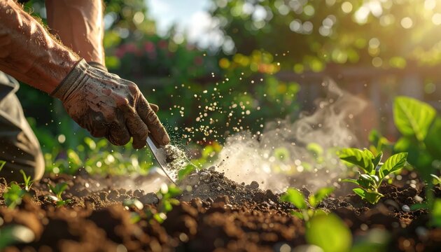 Close up of hands working in dusty garden soil.