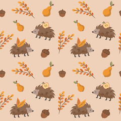 Cute autumn seamless pattern with hedgehogs, pears, acorns and autumn branches. Cozy woodland background for fabric, textile, wrapping paper, wallpaper and nursery decor. Vector illustration. © Dasha